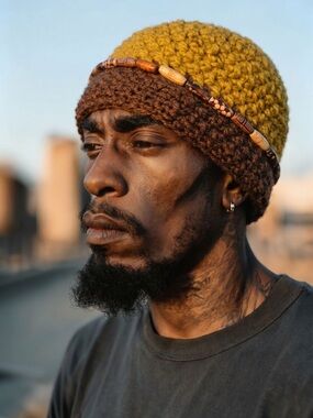 Handcrafted Two-Tone Crochet Beanie Hat - Yellow and Brown